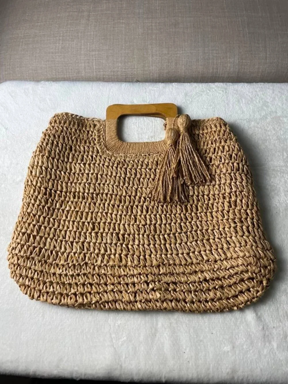 EUC SHEIN Large Straw Woven Tote with Wood Handle